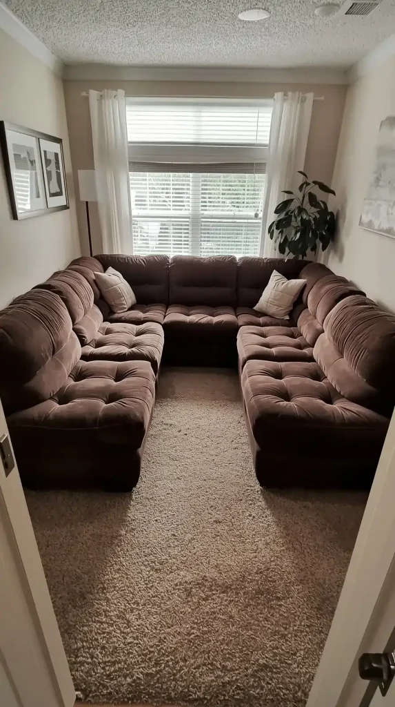 A tiny living room completely overwhelmed by a massive, oversized dark brown sectional sofa.