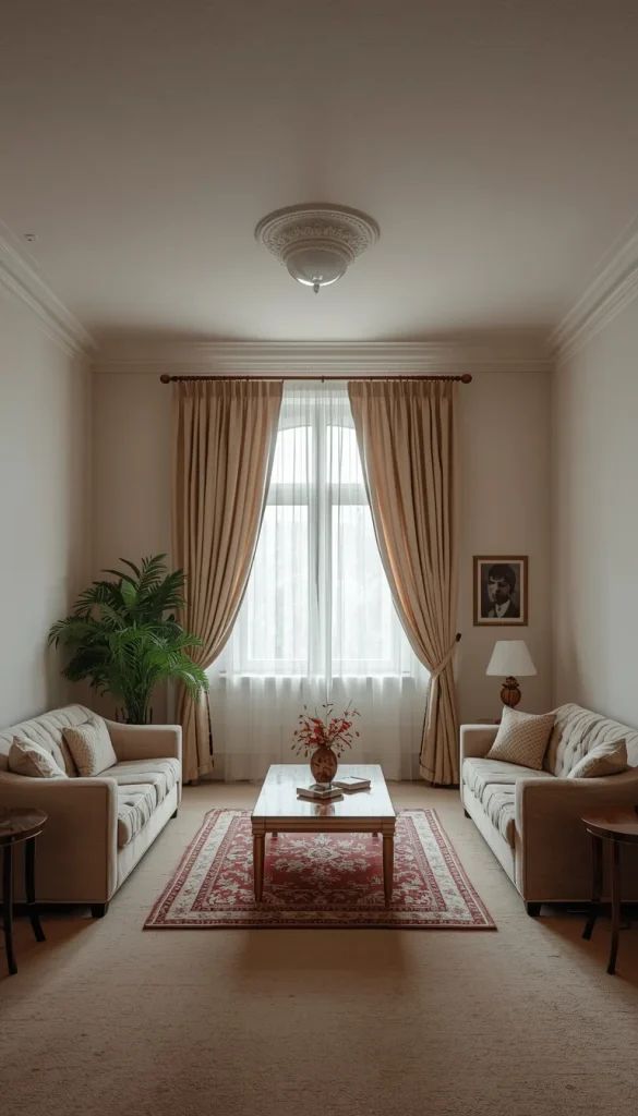 A living room with squat furniture, bare upper walls, and low-hung curtains wasting vertical space