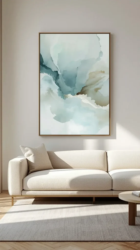 An elegant living room featuring a single oversized piece of modern abstract wall art hung above a sofa