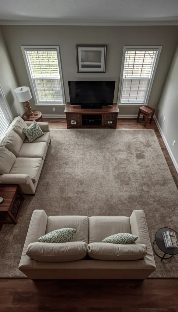 A living room with all furniture pushed flat against the walls, creating an awkward layout
