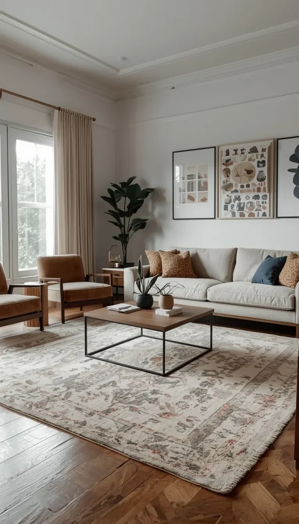 A living room showing a design mistake with a disproportionately small rug disconnected from furniture.