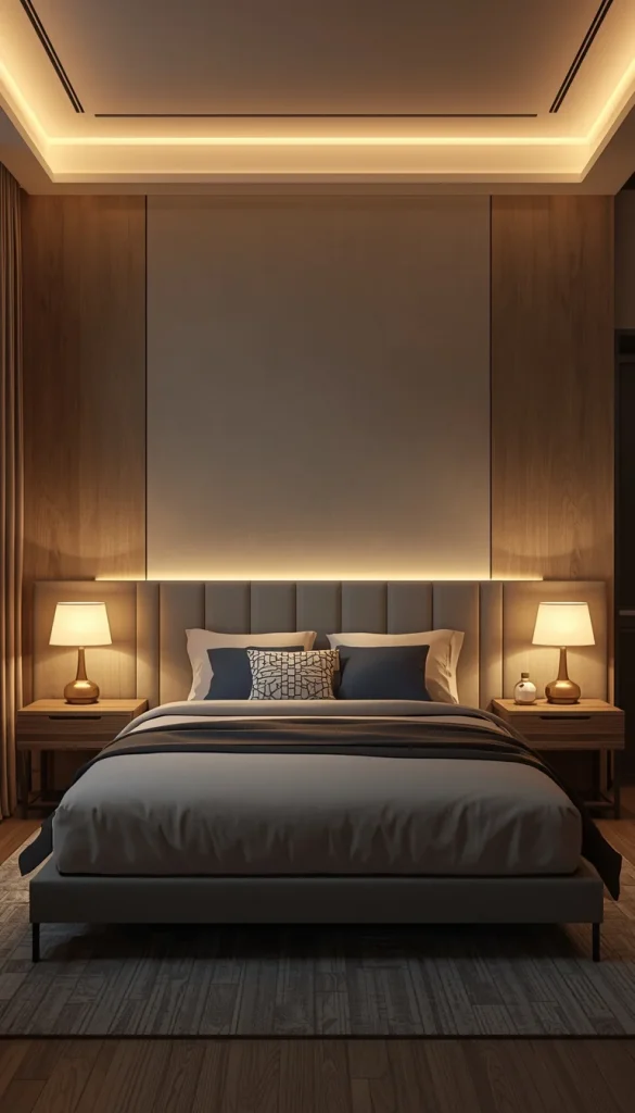 Relaxing bedroom with warm bedside lamps and soft headboard lighting