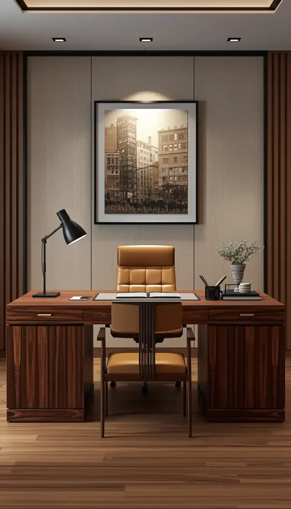 Dark walnut wooden desk and chair creating a sophisticated modern home office workspace