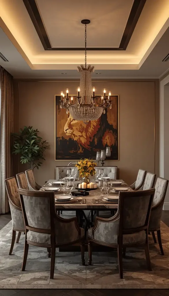 Dining room with chandelier and warm inviting lighting above table