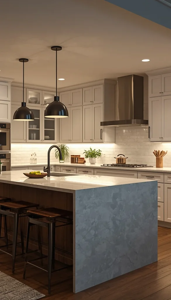 Modern kitchen with pendant lights and under cabinet task lighting