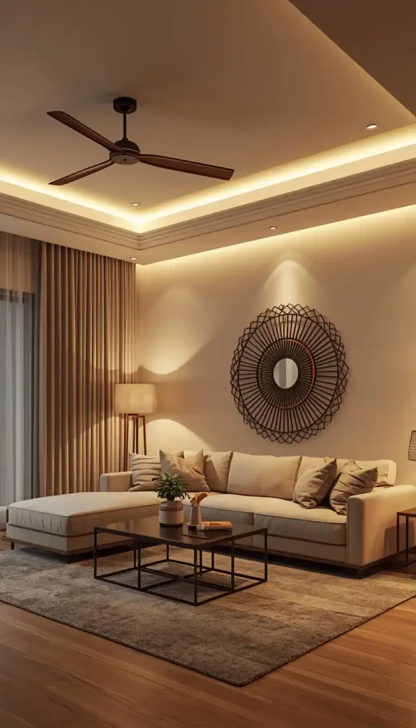 Modern living room with layered lighting including floor lamps and warm ambient lighting