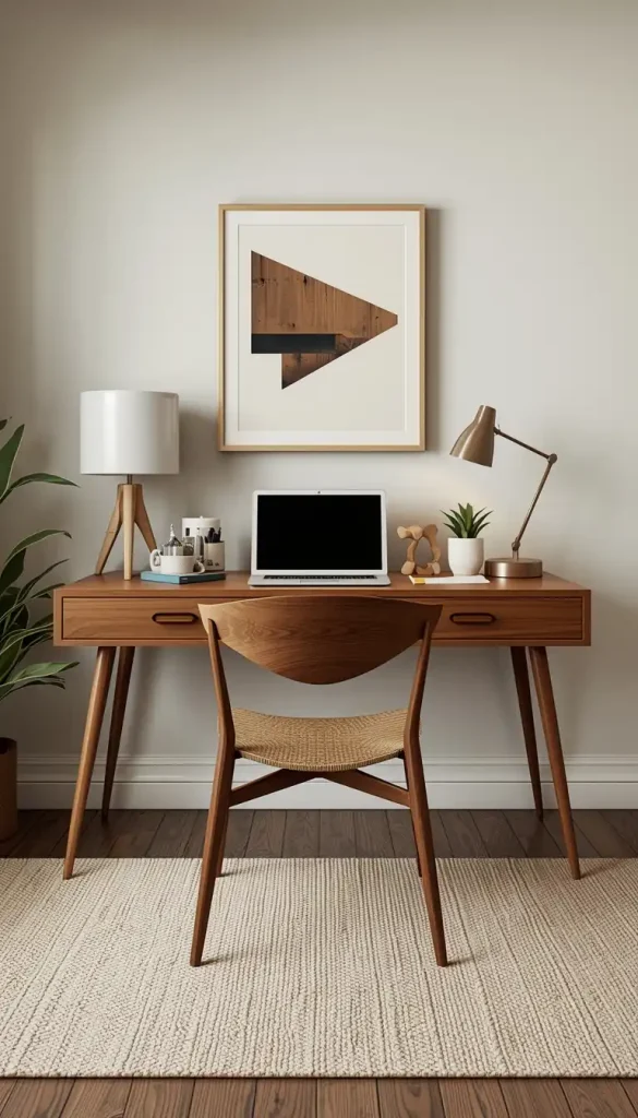 Mid-century modern wooden desk and chair with tapered legs in a stylish workspace
