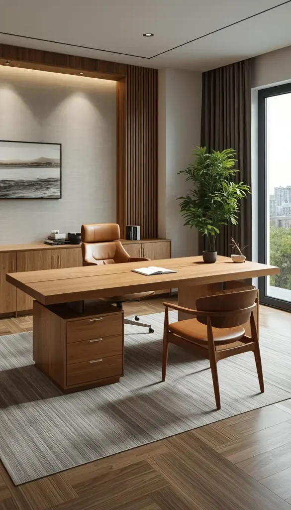 Statement solid wood desk and chair serving as a bold centerpiece in a modern home office