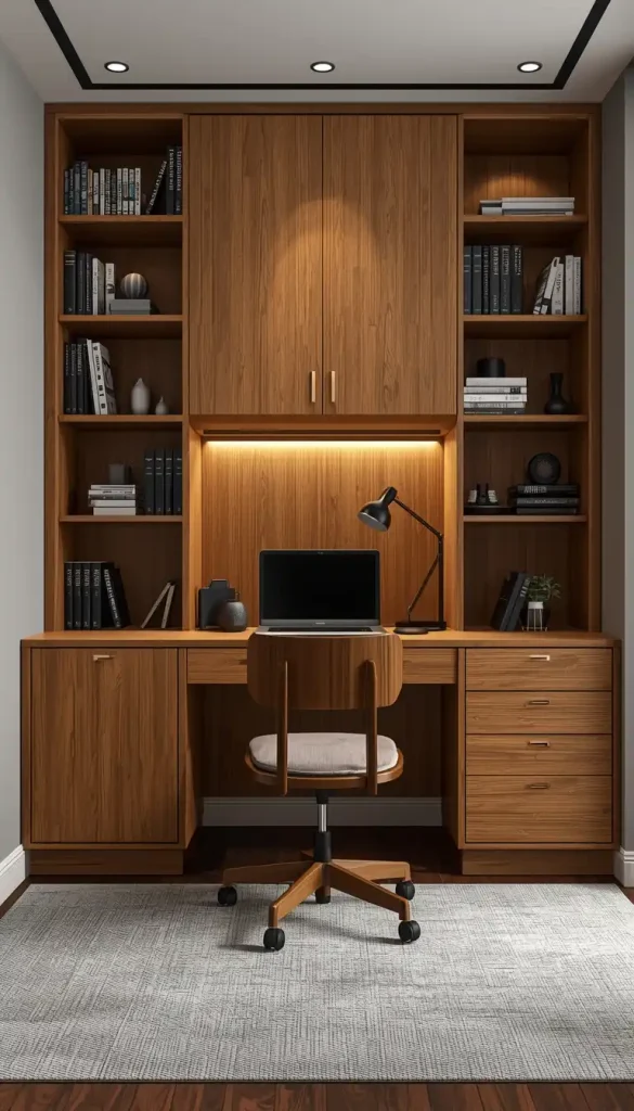 Wooden desk with built-in storage and matching chair in an organized home office