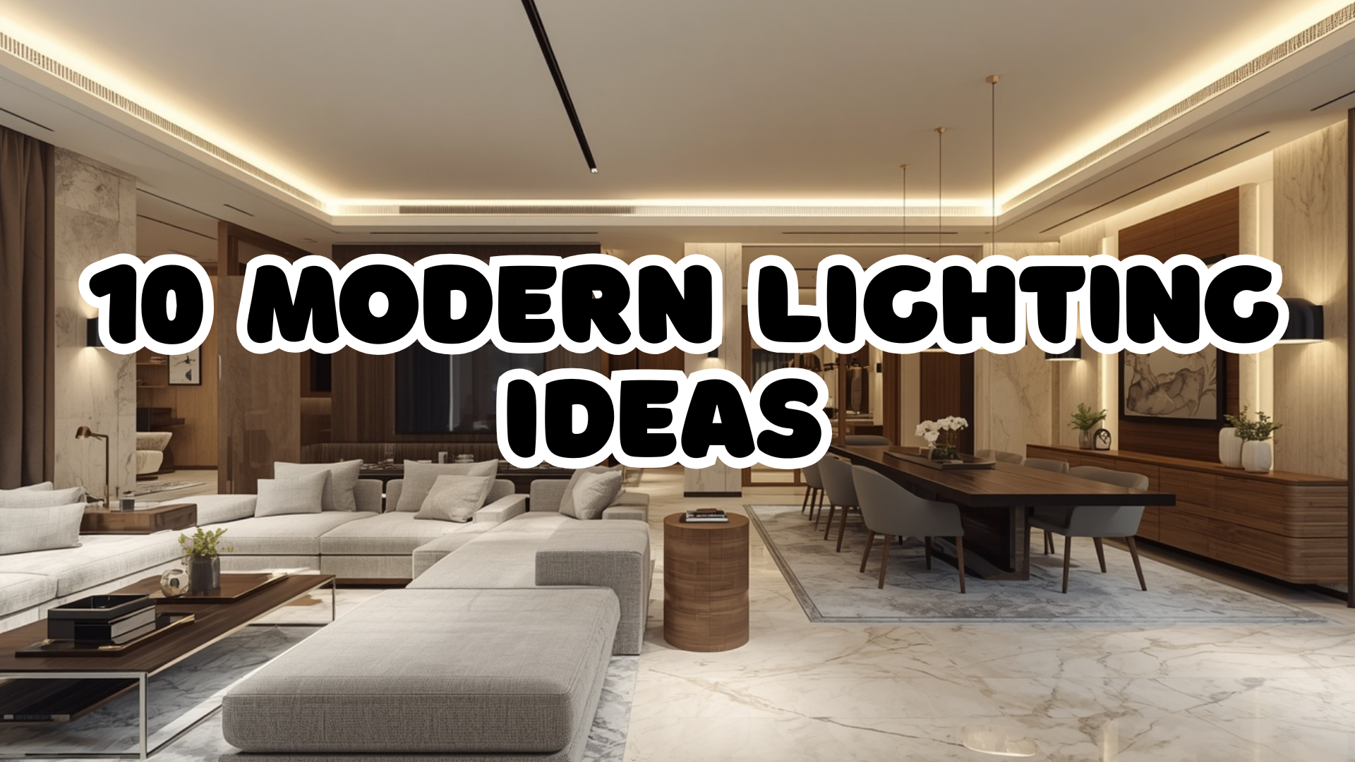 Modern luxury living room with layered lighting design including pendant lights, wall sconces, and ambient LED lighting