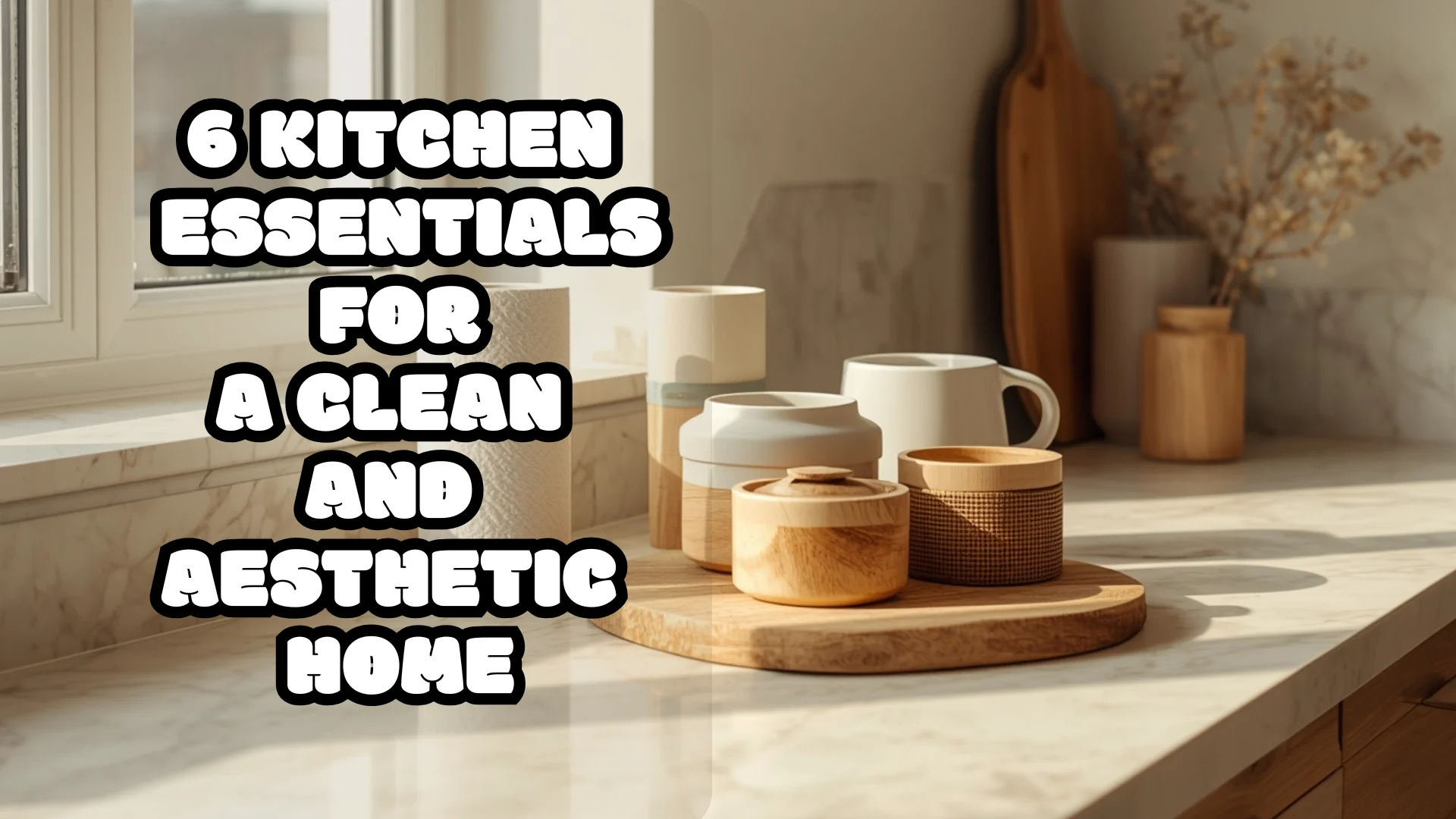 Luxury minimalist kitchen with reusable kitchen essentials including organic cotton towels and beeswax food wraps arranged on a clean countertop in warm natural light