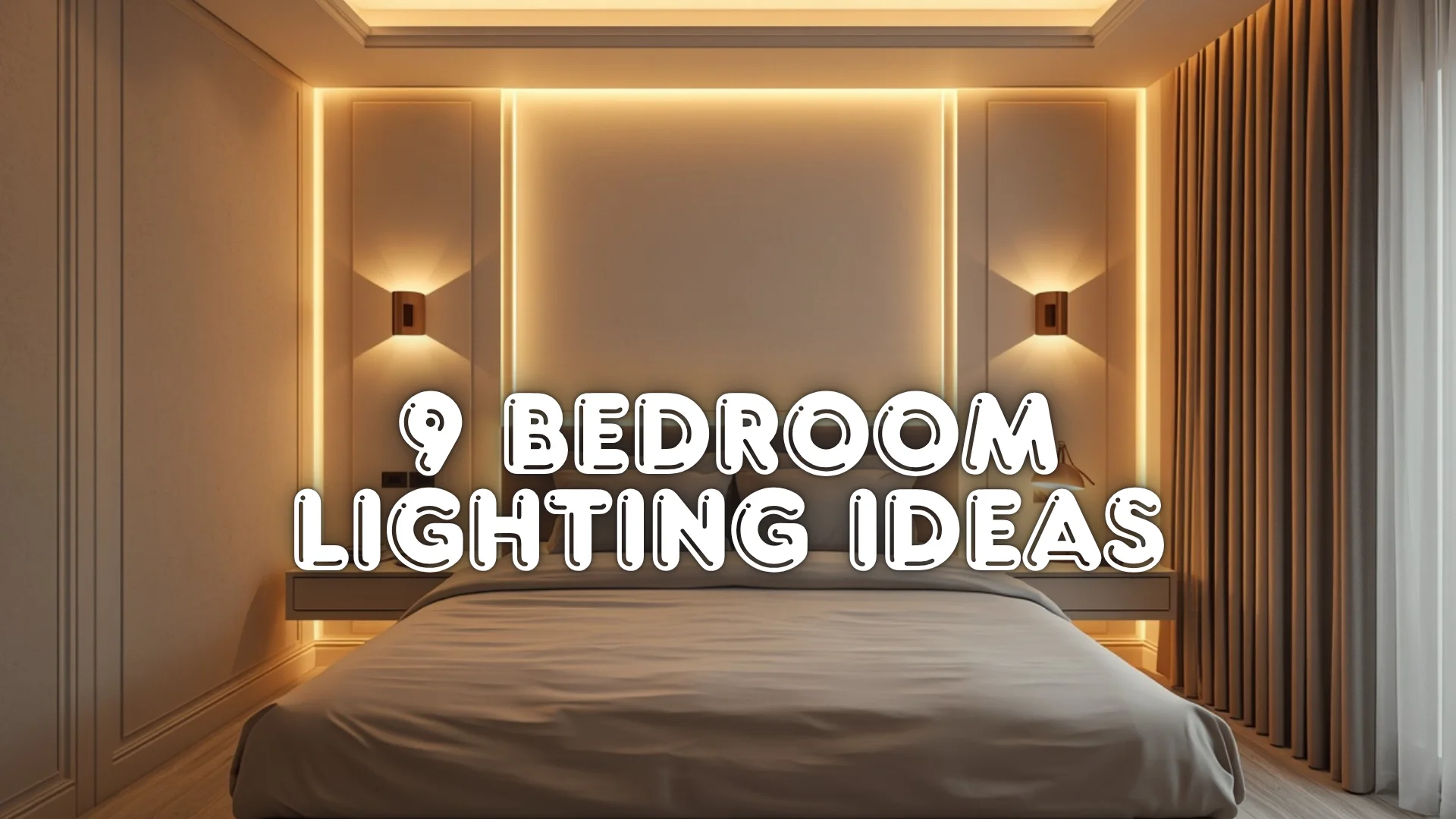 Luxury modern bedroom with layered ambient lighting design featuring LED wall lights, warm bedside lamps, and soft LED strip lighting creating an expensive hotel-style interior aesthetic.