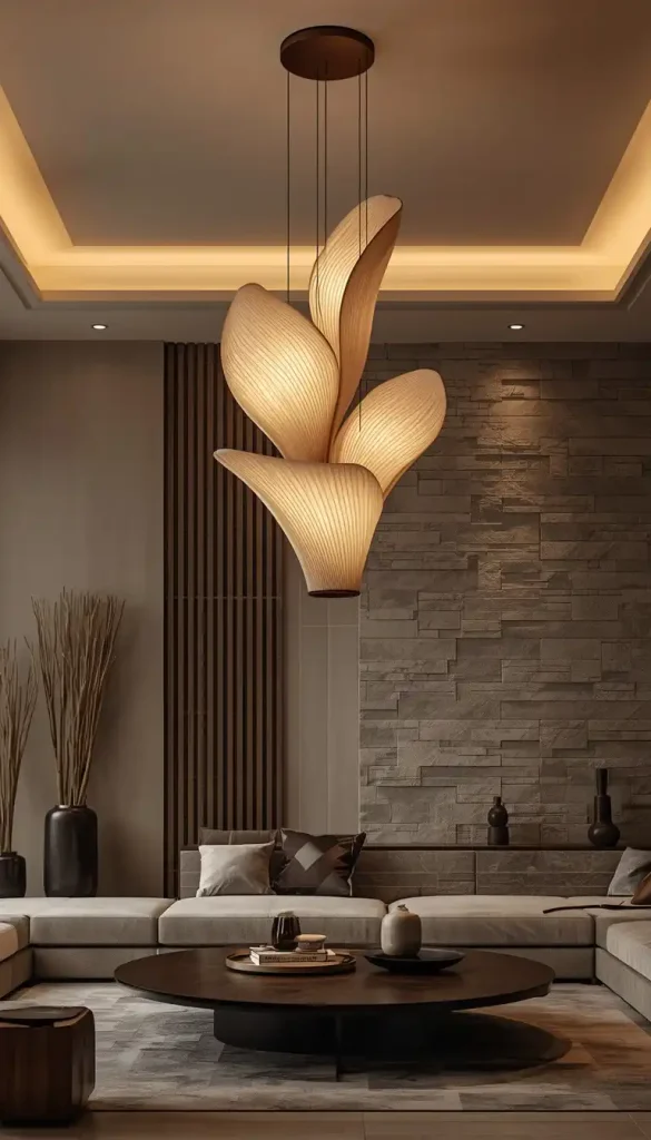 Leaf shaped pendant light in modern artistic living room