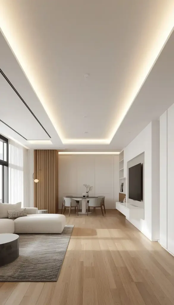 Flush mount ceiling light in minimalist modern living room