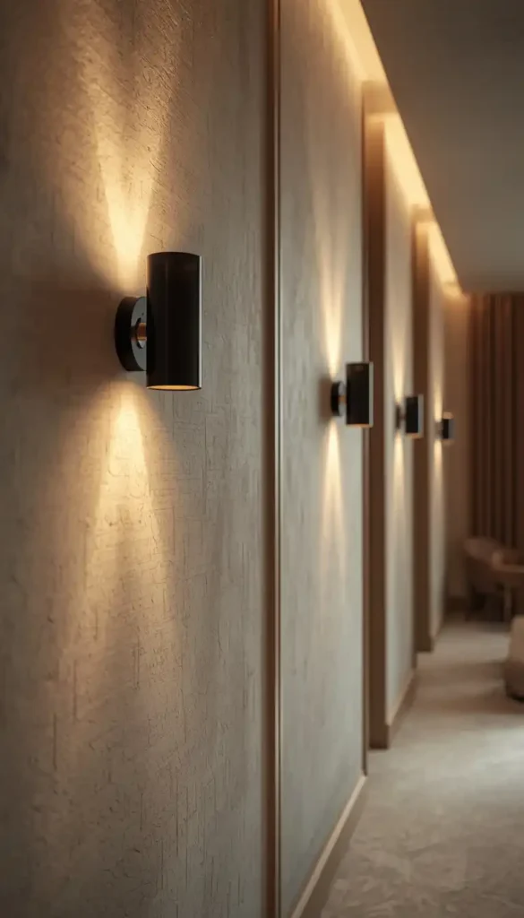 Minimal wall sconces casting warm light in a modern hallway