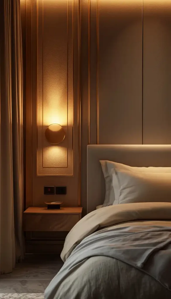 Warm ambient lighting in minimalist bedroom with soft glow