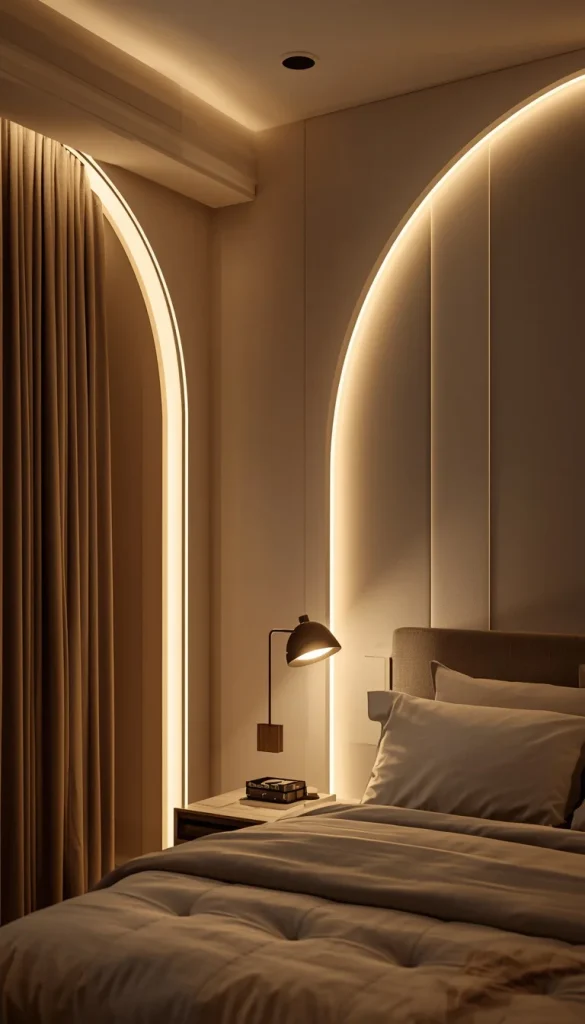 Curved arc wave LED wall light adding artistic flowing illumination in a modern luxury bedroom with soft hotel-style aesthetic design.