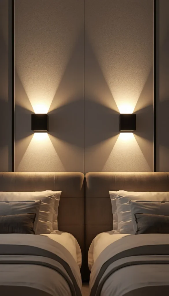 Black cube LED wall lights creating soft up and down lighting effect in a modern luxury bedroom with minimalist hotel-style interior design.