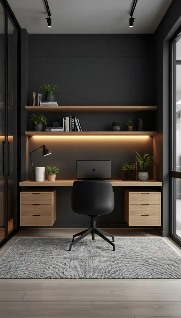 Charcoal gray and wood modern home office interior design inspiration