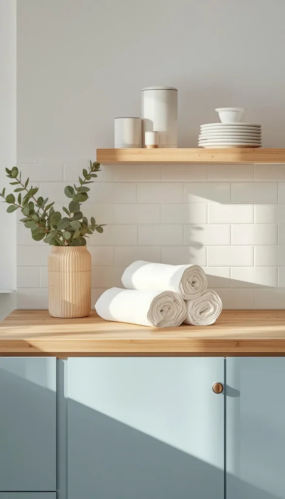 Large organic cotton reusable kitchen towels displayed on a wooden countertop in a warm minimalist kitchen with neutral colors and soft natural lighting