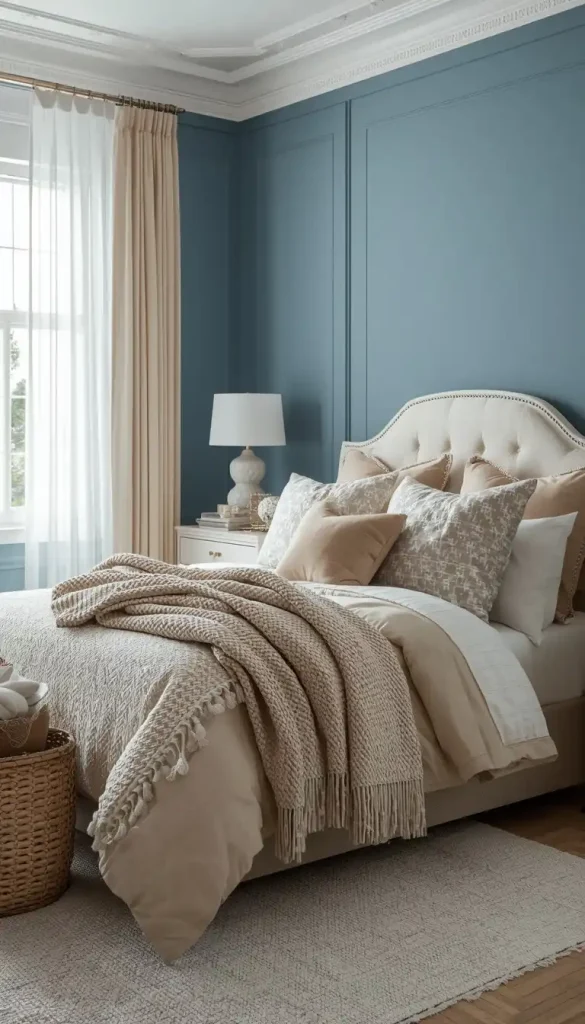 Dusty blue and ivory bedroom decor with elegant timeless interior styling