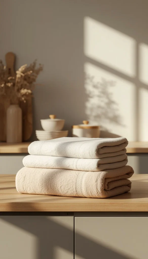 Coastal inspired reusable unpaper towels folded neatly on a wooden shelf in a bright minimalist kitchen with soft blue tones, natural sunlight, and calm aesthetic home styling