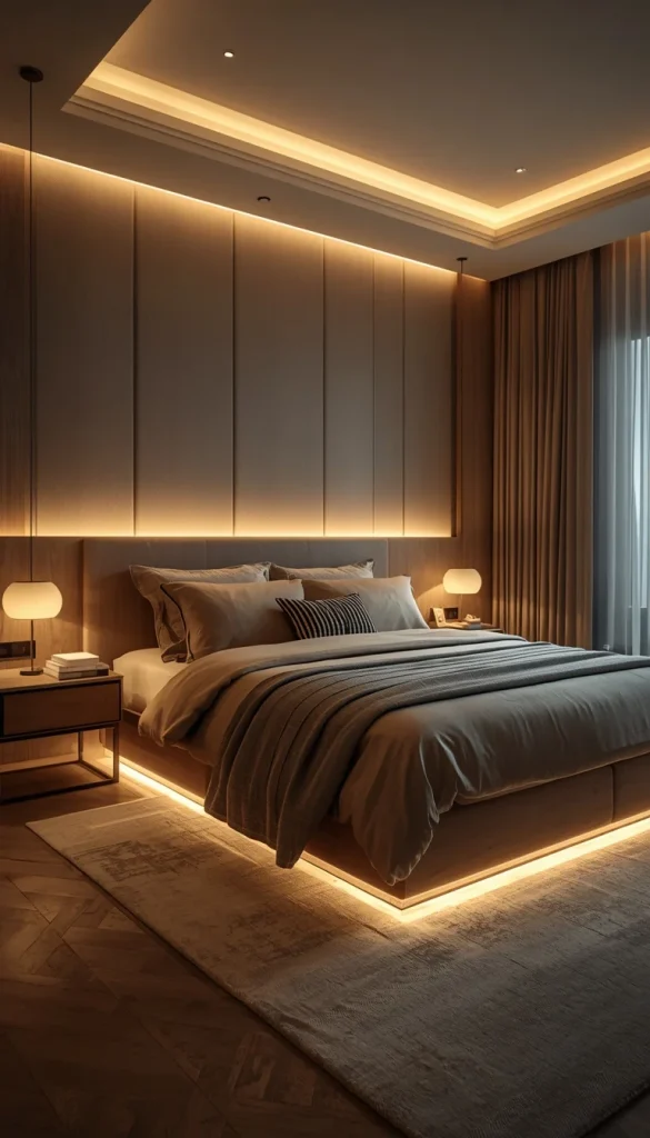 Smart LED motion sensor night lights softly illuminating a modern bedroom hallway with minimalist design and futuristic ambient lighting effect.