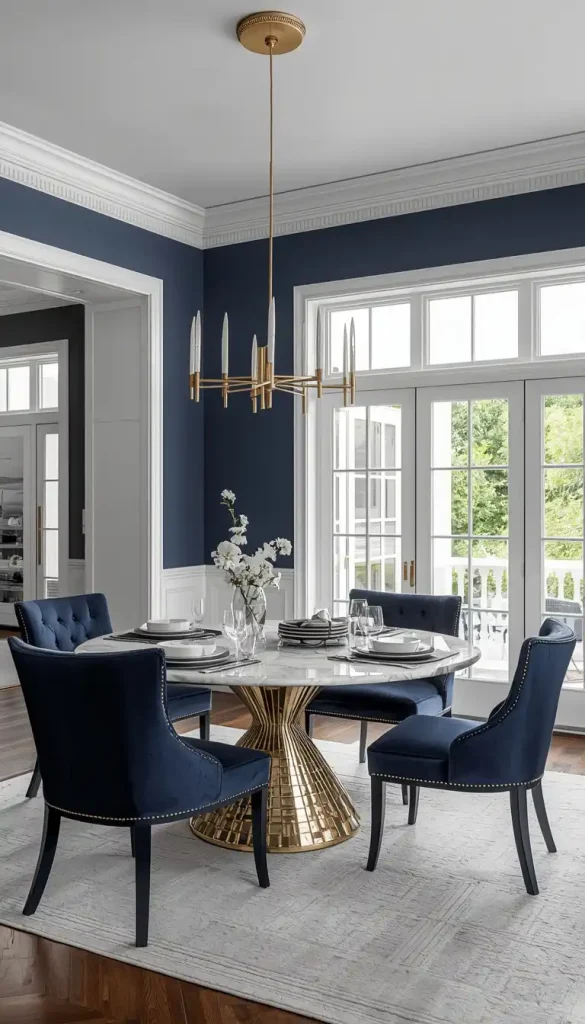 Navy blue and white dining room with elegant timeless home decor
