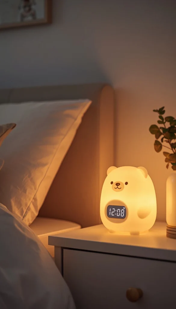 Cute silicone bear LED alarm clock night light glowing softly on a bedside table in a cozy modern kids bedroom with warm ambient lighting.