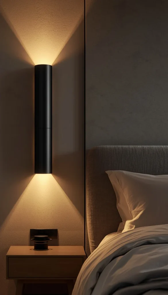 Curved LED wall light creating soft ambient glow in a modern minimalist bedroom with elegant luxury hotel-inspired interior design.