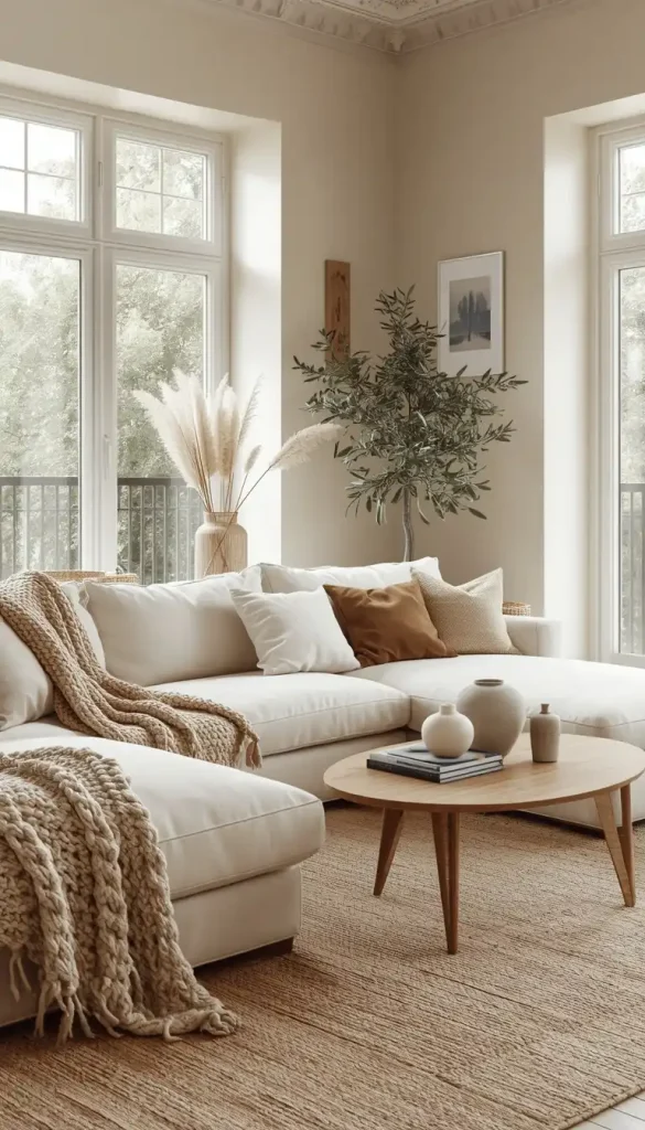 Warm beige and soft white living room decor with timeless neutral interior design