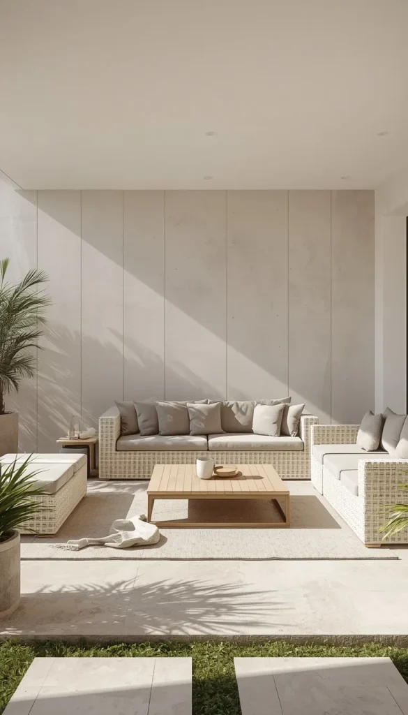 Photorealistic view of a modern luxury outdoor living area. A cream-colored synthetic flat-weave rattan sectional sofa with grey high-density cushions is arranged on a textured area rug over neutral stone pavers. A square light-wood (teak-like) coffee table with a ceramic mug is in the center. Potted palm trees flank the scene, and crisp morning sunlight casts a dramatic frond shadow on the vertical-paneled concrete wall.