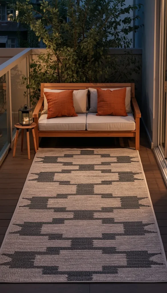 A cozy apartment balcony at dusk featuring a large neutral-toned cream and charcoal geometric pattern outdoor rug, a wooden bench sofa with terracotta pillows, and a small side table with a glass candle lantern.