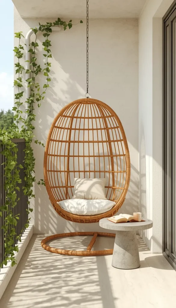 A minimalist outdoor apartment balcony featuring a large natural wicker hanging egg chair as the main focal point in the corner, a small round concrete side table with a book and mug, and clean off-white walls.