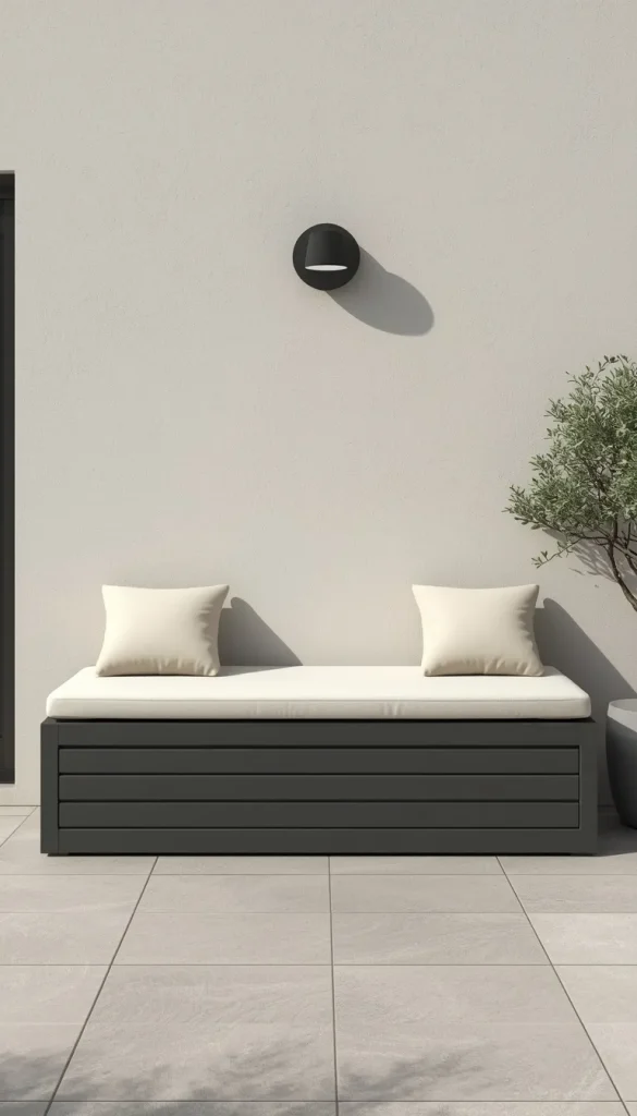 A sleek modern outdoor patio featuring a horizontal weatherproof dark grey resin storage bench styled with fluffy cream cushions to function as extra seating, with a potted olive tree standing nearby.